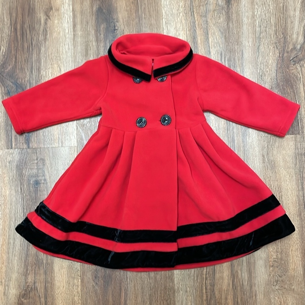 Sophia Rose Girl’s Red Fleece Long Dress Coat w/ Velvet Trim Size 18 months